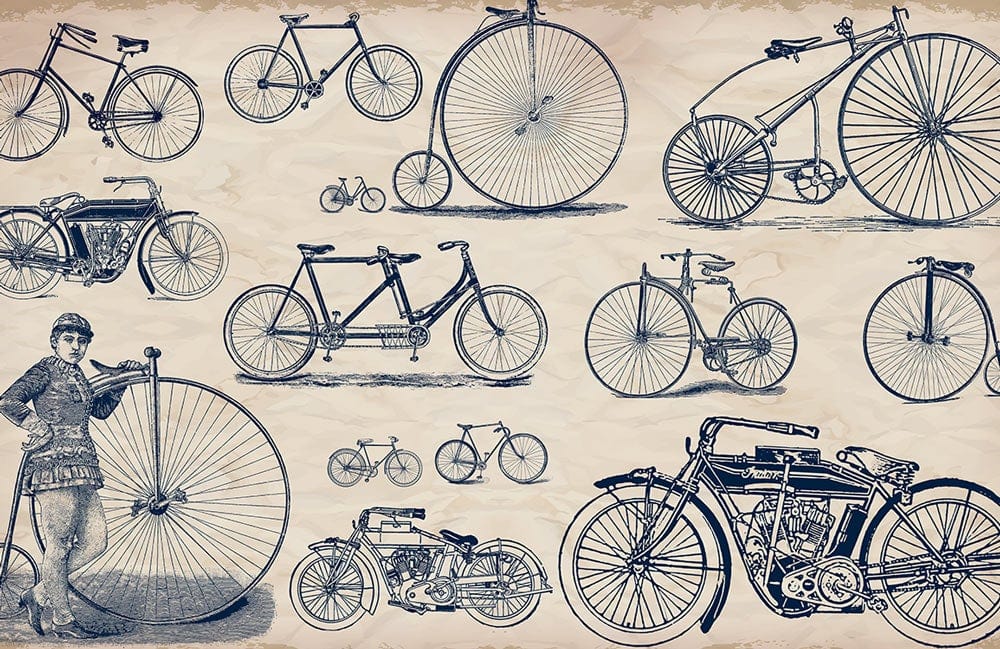 Vintage Bicycle Sketches Wallpaper - Retro Blue Print, Cream Background Elegance