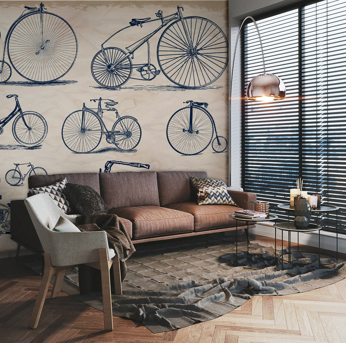 Vintage Bicycle Sketches Wallpaper in modern living room with brown sofa, armchair, and parquet flooring.