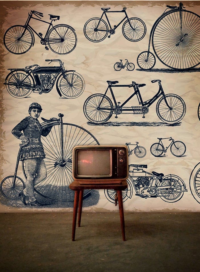 Vintage Bicycle Sketches Wallpaper, retro blue print cream backdrop, classic TV, vintage style room.