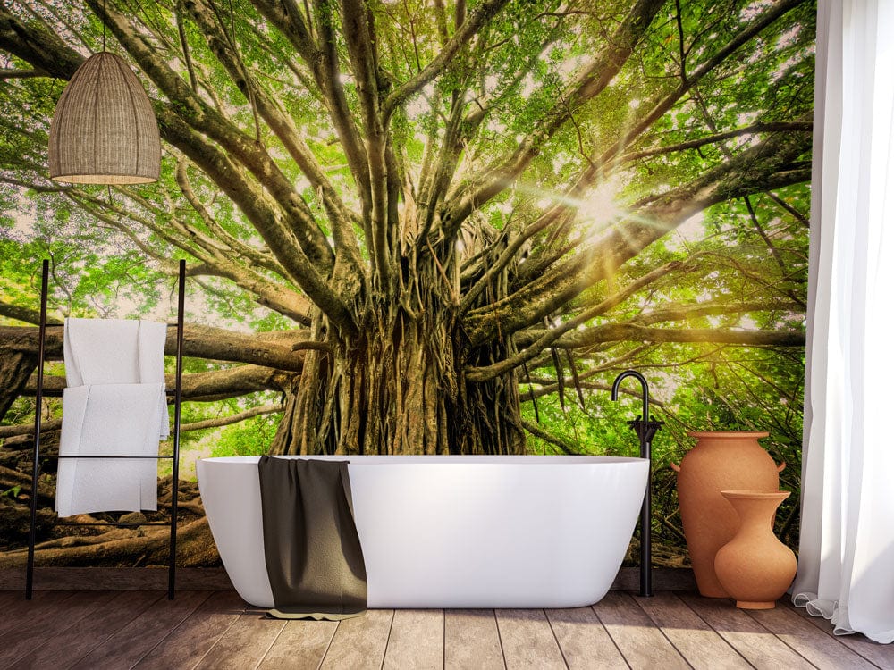 Majestic Green Forest Tree Mural in bathroom with freestanding tub, wooden flooring, and earthy accents.