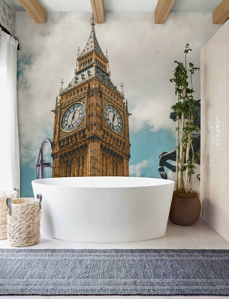 Iconic London Mural Big Ben Wallpaper in bathroom with modern tub, wooden beams, grey rug.