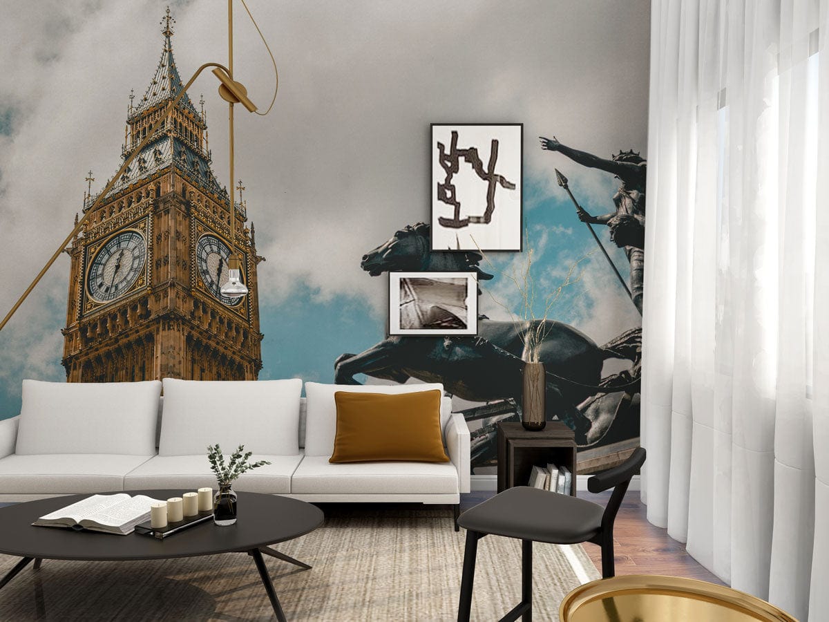 Iconic Big Ben mural wallpaper, beige sofa, modern chair, neutral rug, contemporary living room decor.