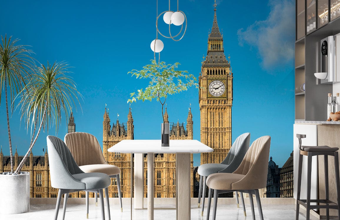 Iconic London mural wallpaper featuring Big Ben with dining chairs, modern table, and grey flooring.