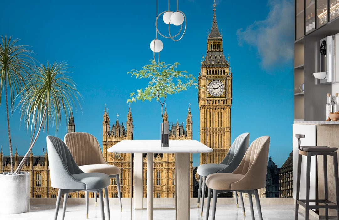 Iconic London mural wallpaper featuring Big Ben with dining chairs, modern table, and grey flooring.