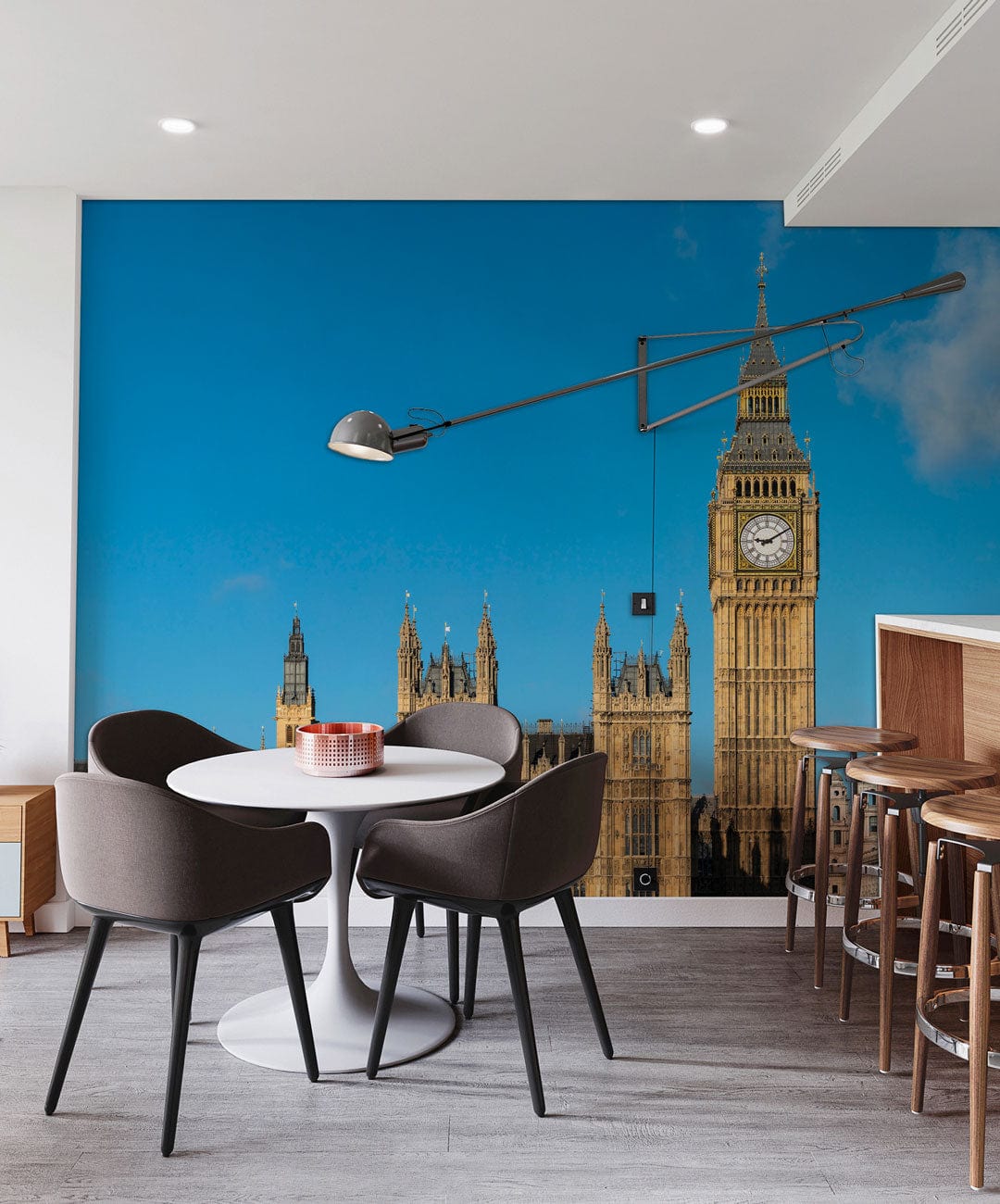 Iconic London Landmark Mural Wallpaper featuring Big Ben, modern dining setting, grey chairs, wooden flooring.