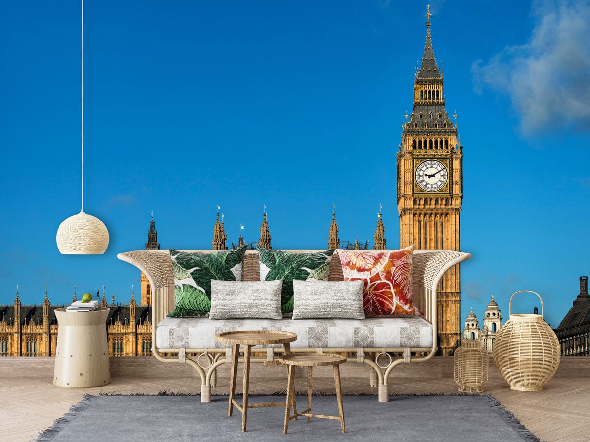 Iconic London Landmark Mural Wallpaper, Big Ben design with modern sofa, pendant light, wooden flooring.