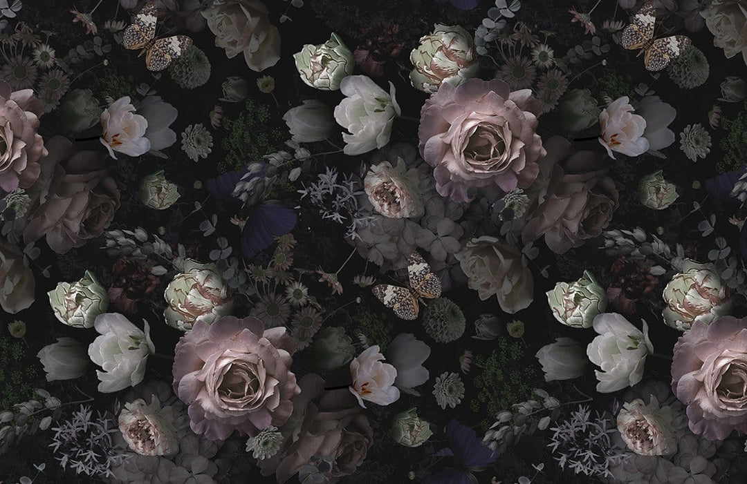 Vintage Floral Elegance: Dark Botanical Pattern Wallpaper with Pink Roses