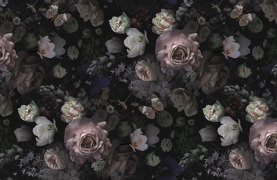 Vintage Floral Elegance: Dark Botanical Pattern Wallpaper with Pink Roses