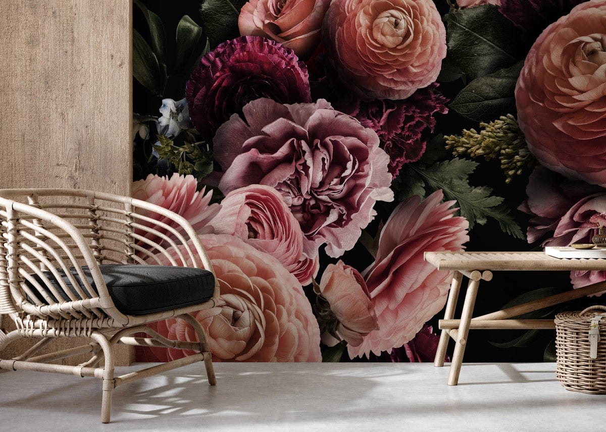 Elegant Dark Floral Wallpaper, pink burgundy design, rattan chair, wooden flooring, cosy room setting.