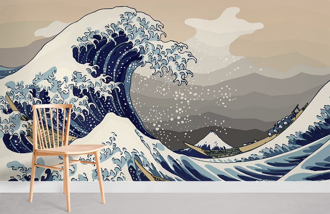 Great Wave Classic Blue Japanese Art Mural Wallpaper in minimalist room with wooden chair, grey floor.