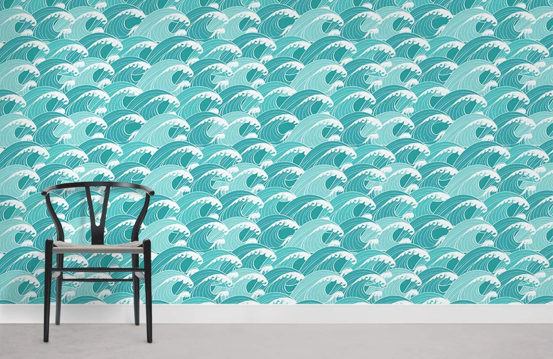 Aqua Marine Vintage Wave Pattern Wallpaper, coastal interior, black chair, white skirting, grey flooring.