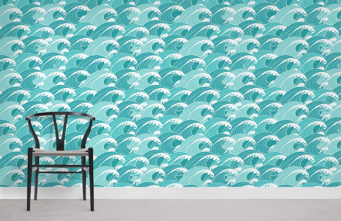 Aqua Marine Vintage Wave Pattern Wallpaper, coastal interior, black chair, white skirting, grey flooring.