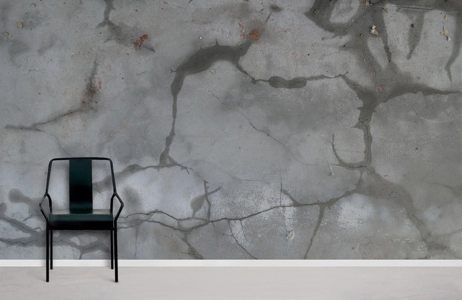Chair on white floor, grey marble effect wallpaper enhances modern interior Décor, vintage style wall design.