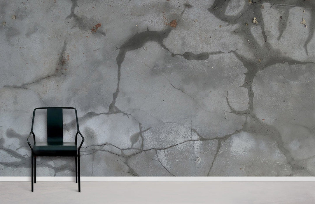 Chair on white floor, grey marble effect wallpaper enhances modern interior Décor, vintage style wall design.