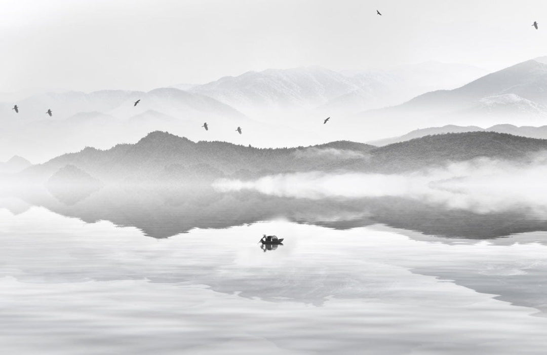 Tranquil Misty Mountains Grey Scenic Mural Wallpaper for Serene Interiors