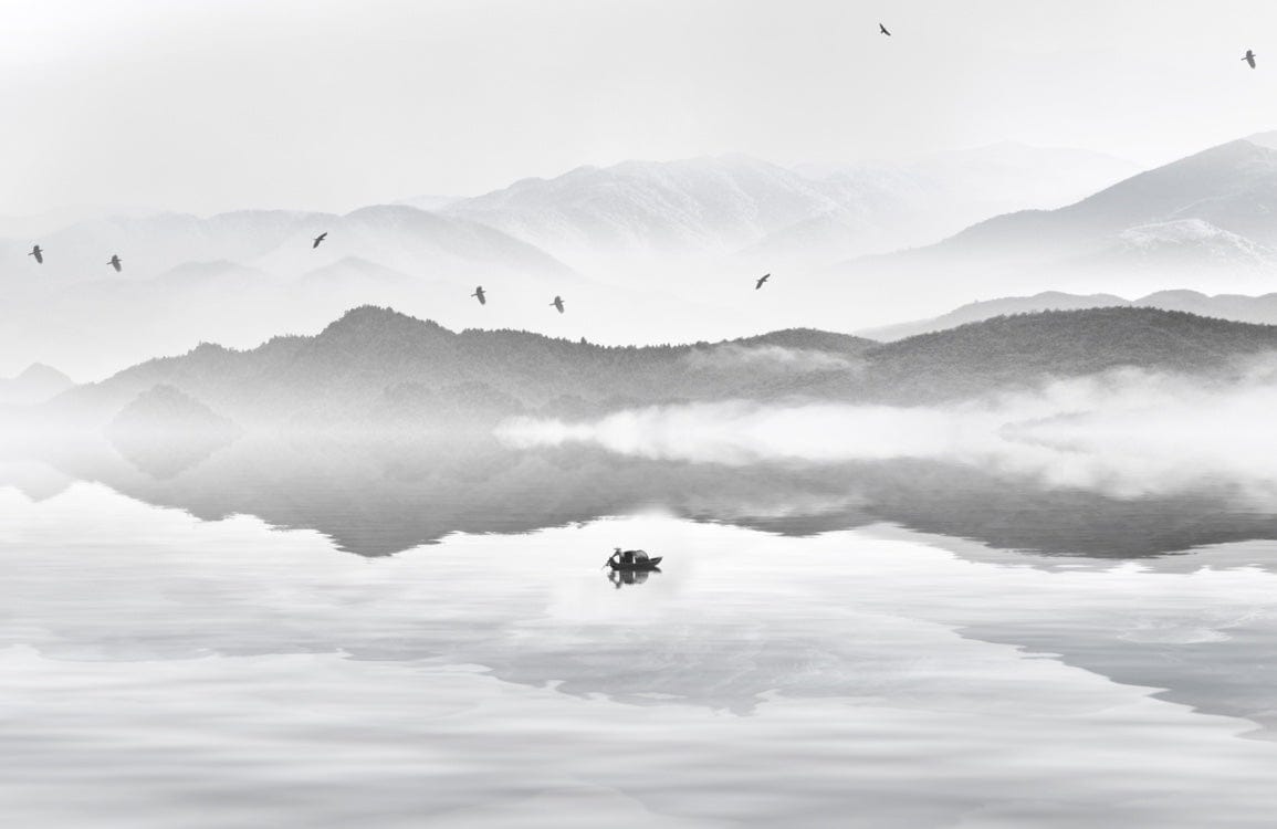 Tranquil Misty Mountains Grey Scenic Mural Wallpaper for Serene Interiors