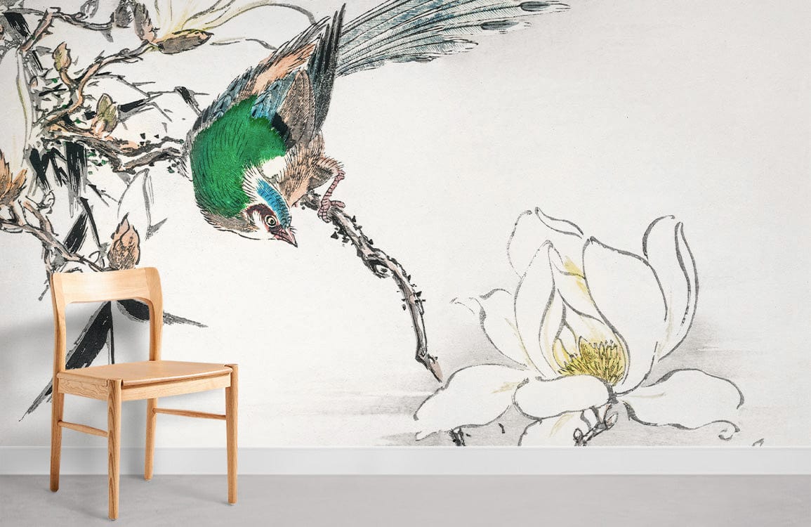 Elegant green bird mural with magnolia, light wood chair, and concrete flooring in modern room setting.