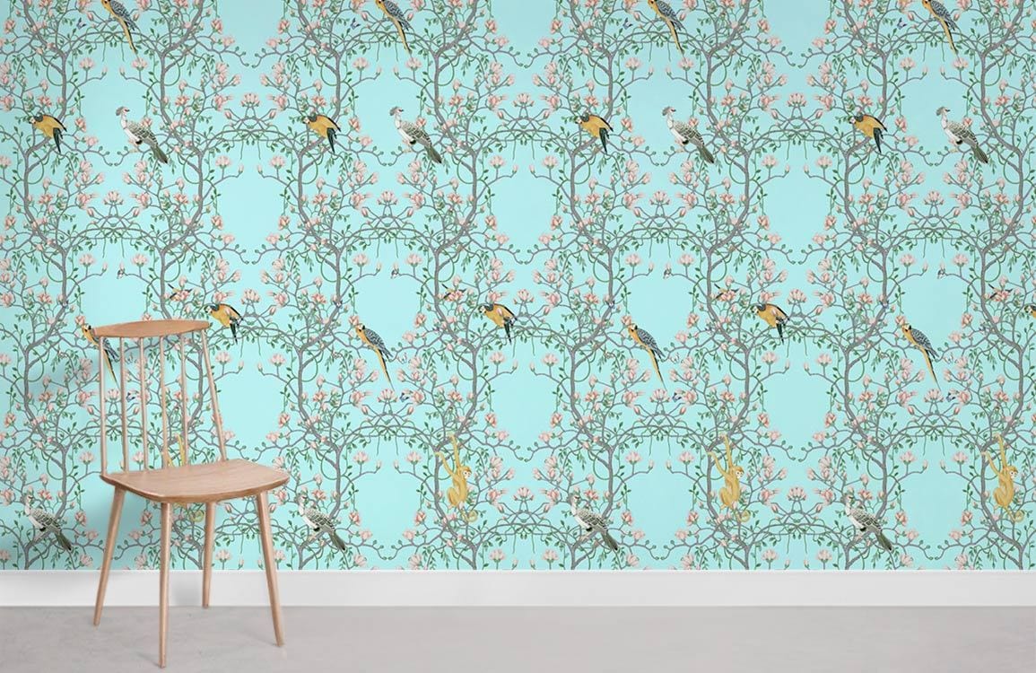 Floral Serenity Vintage Blue Wallpaper with birds in elegant design alongside wooden chair on grey floor.