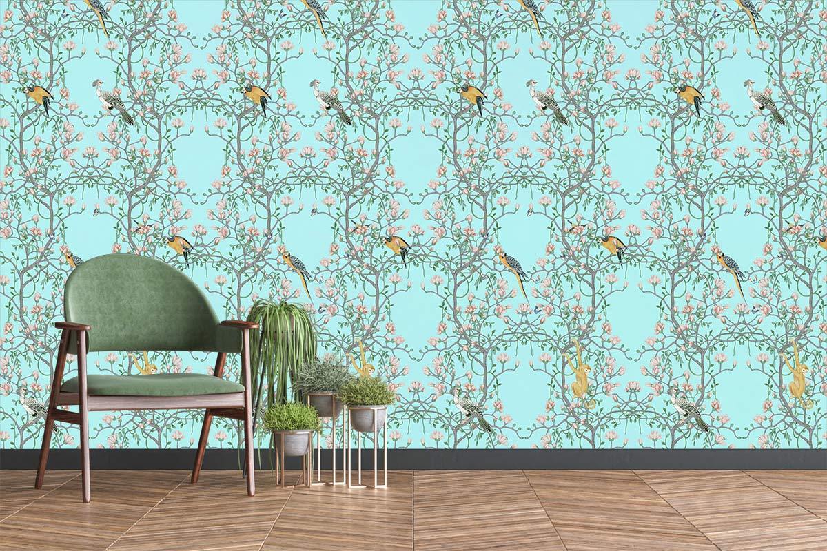 Floral Serenity Wallpaper with Birds; green chair, parquet flooring, elegant design for stylish living rooms.