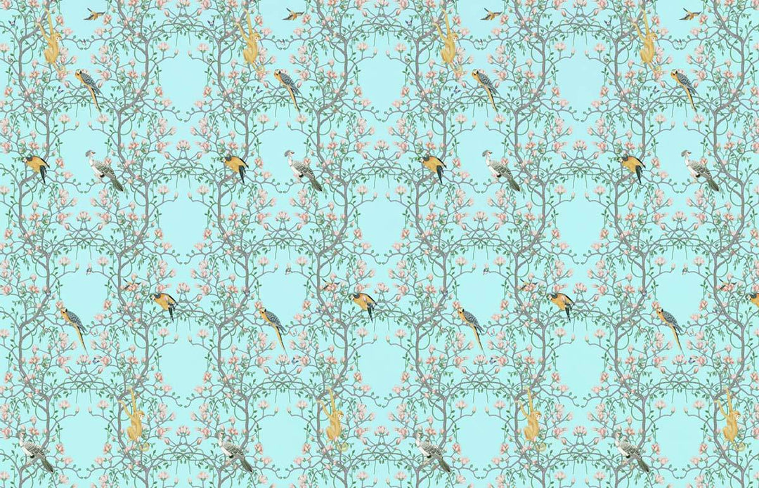 Floral Serenity Vintage Blue Wallpaper with Birds and Elegant Design
