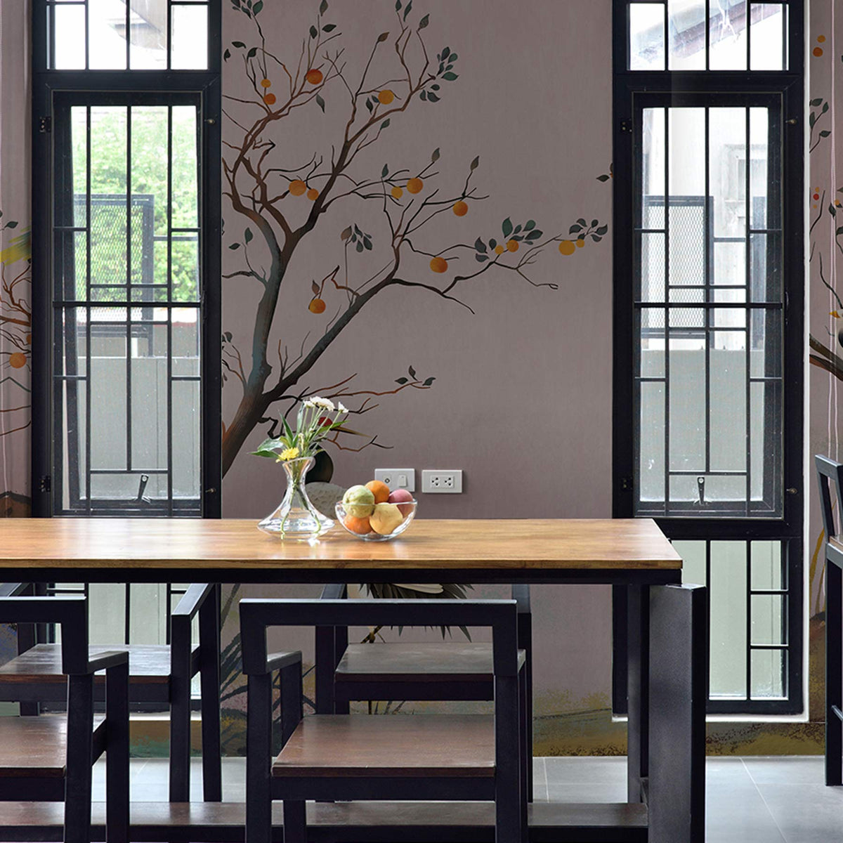 Vintage Oriental Crane Mural Wallpaper with birds decor, wooden dining set, modern windows, grey flooring.