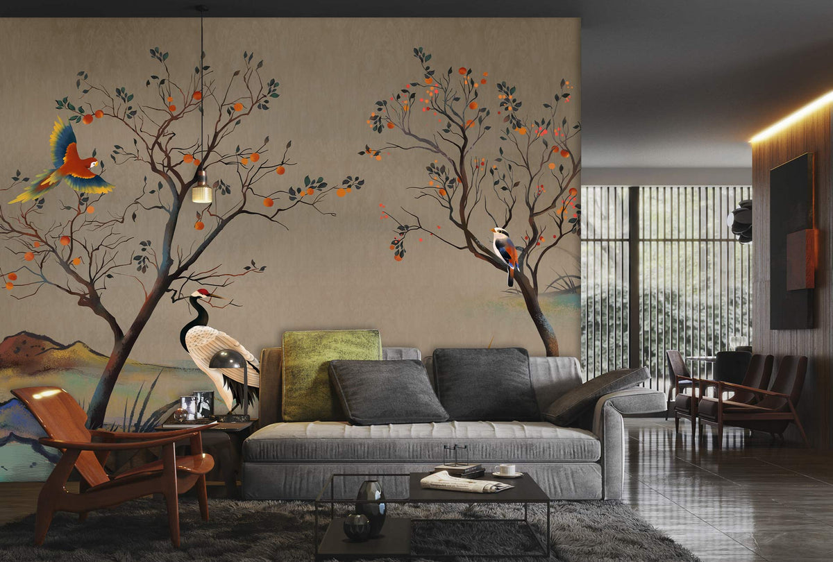 Elegant Tropical Birds mural in earthy tones, grey sofa, wooden chairs, modern living room setting.