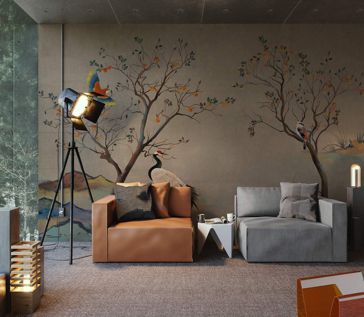 Elegant Tropical Birds mural, earthy tones, leather sofa, modern grey seating, cosy living room setting.