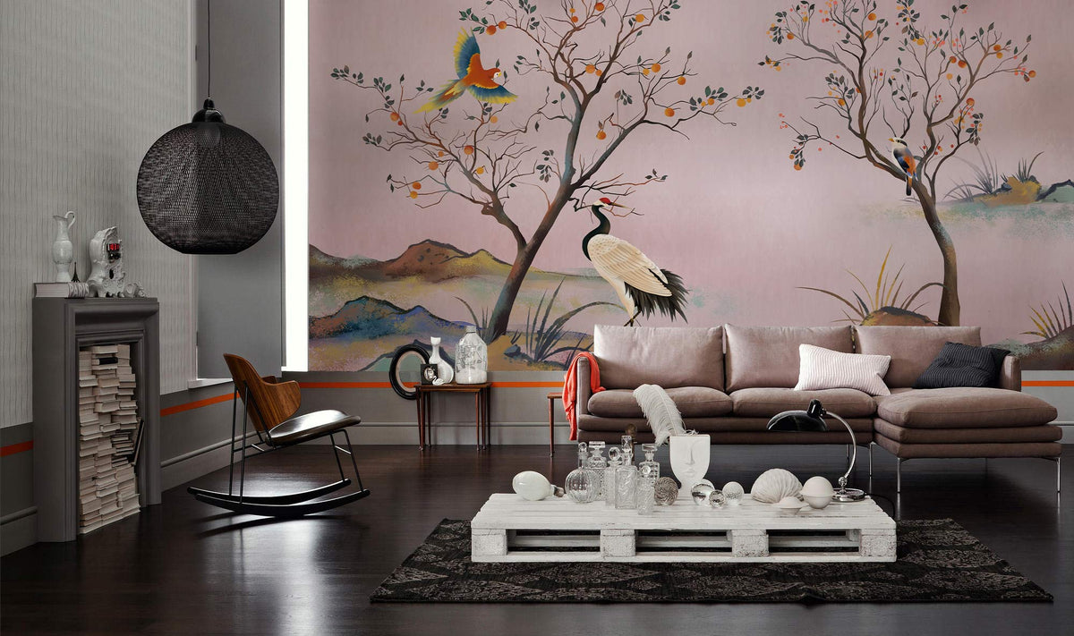 Vintage Oriental Crane Mural Wallpaper in living room with grey sofa, hardwood flooring, modern accents.