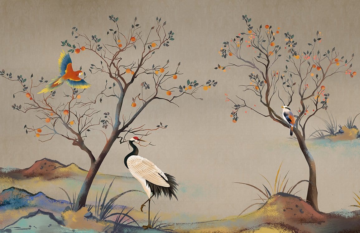 Elegant mural wallpaper with tropical birds, earthy tones, nature theme, suitable for living room decor.