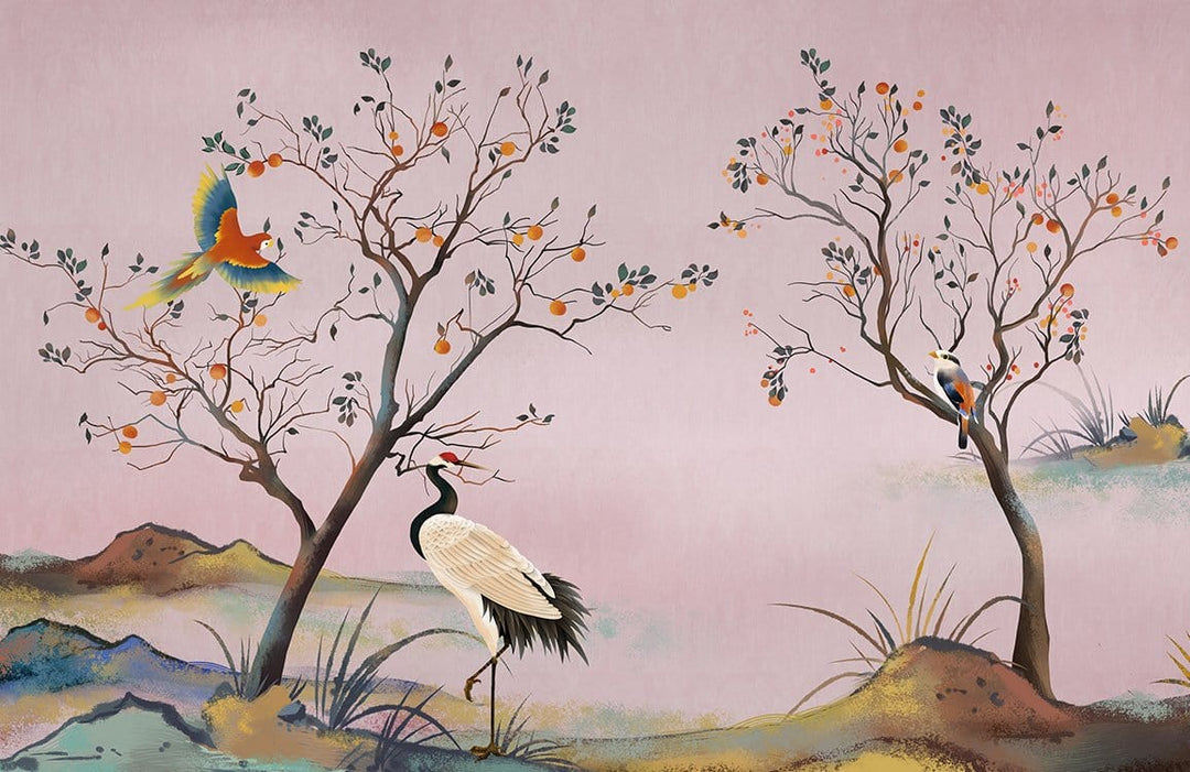 Vintage Oriental Crane Mural Wallpaper with Birds and Blossoms Design
