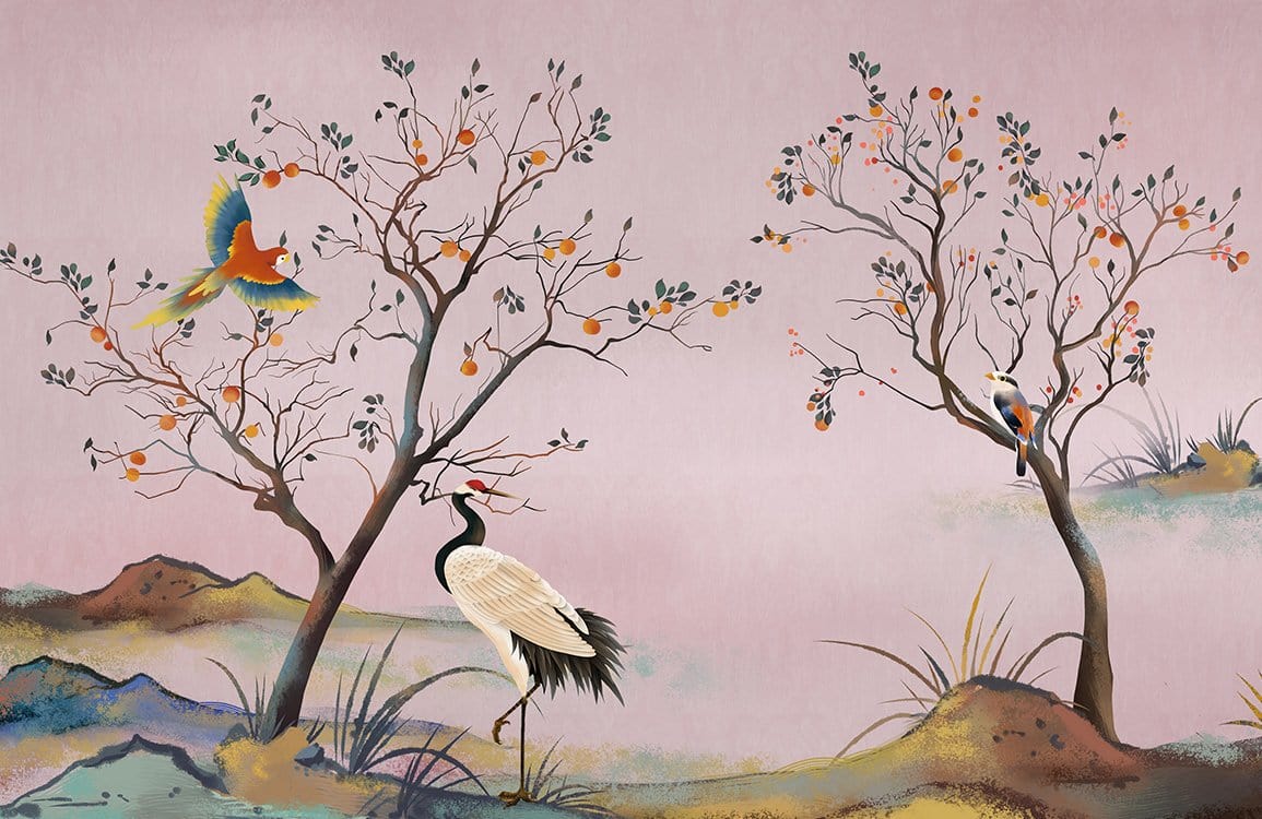 Vintage Oriental Crane Mural Wallpaper with Birds and Blossoms Design