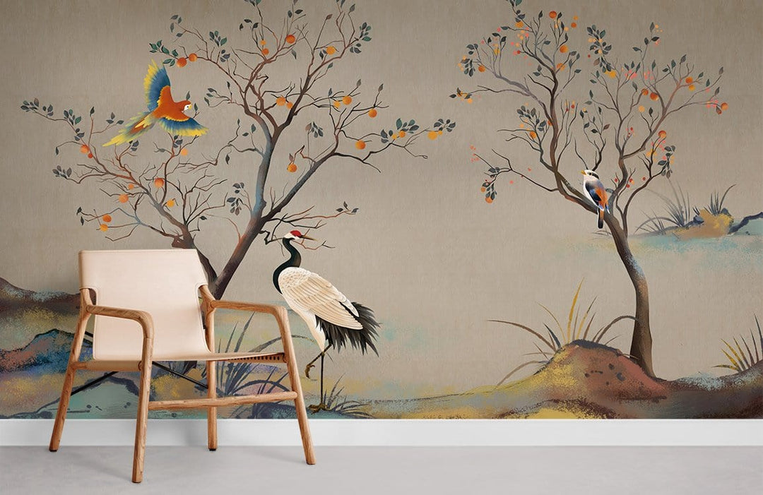 Elegant Tropical Birds Nature-Themed Mural Wallpaper in Earthy Tones