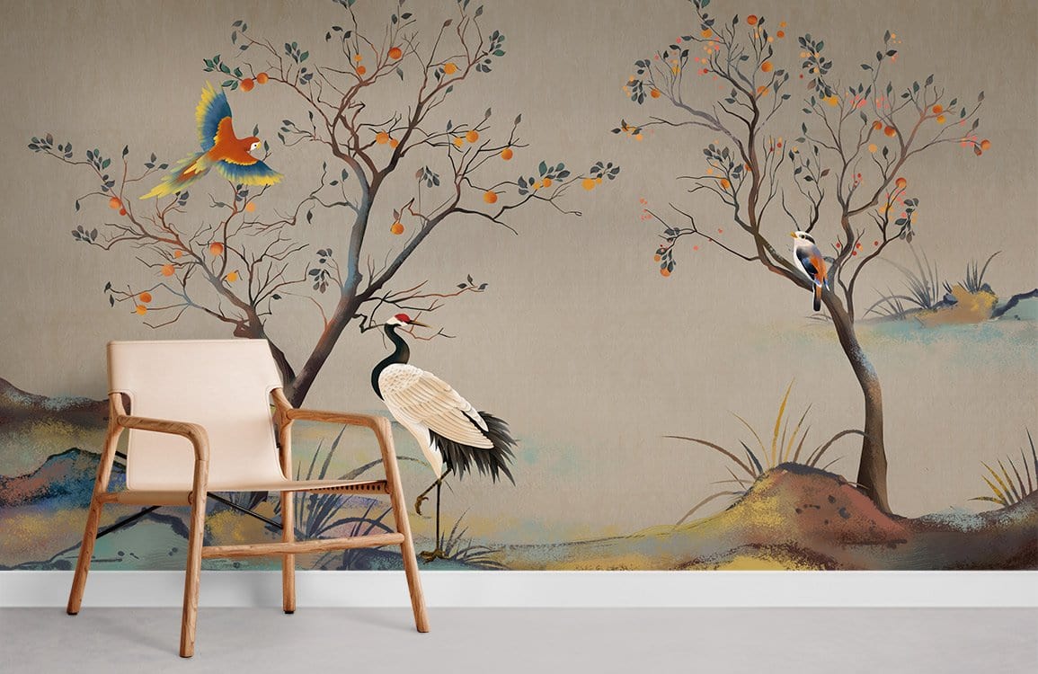 Elegant Tropical Birds Nature-Themed Mural Wallpaper in Earthy Tones