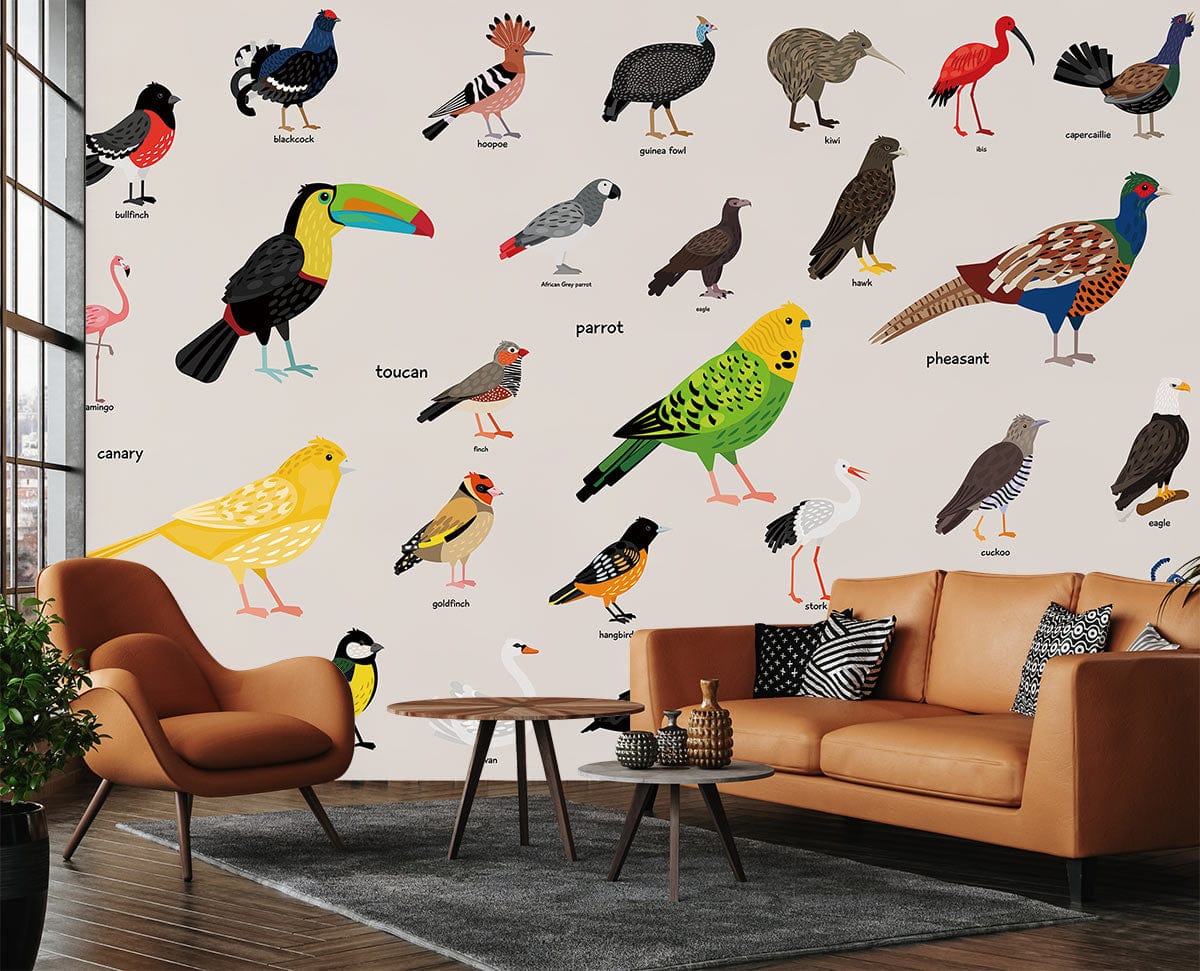 Colourful exotic birds mural wallpaper in living room with brown leather sofa, grey rug, wooden flooring.