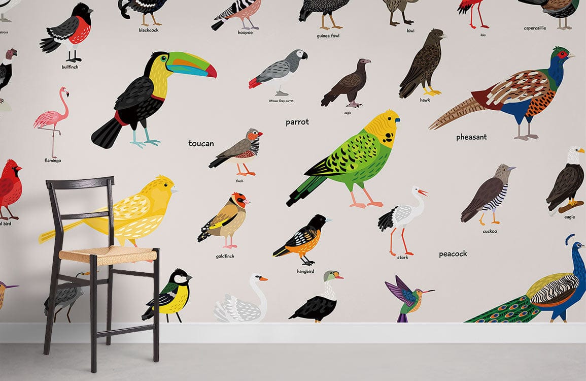 Colourful exotic birds mural wallpaper, nature-themed, featuring wooden chair against white wall in living room.
