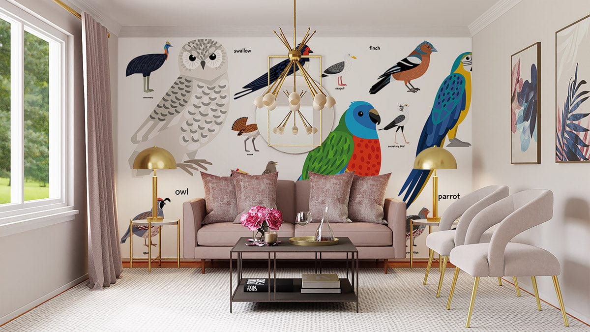 Colourful Illustrated Birds Nature Mural Wallpaper in living room with beige sofa and modern chandelier.
