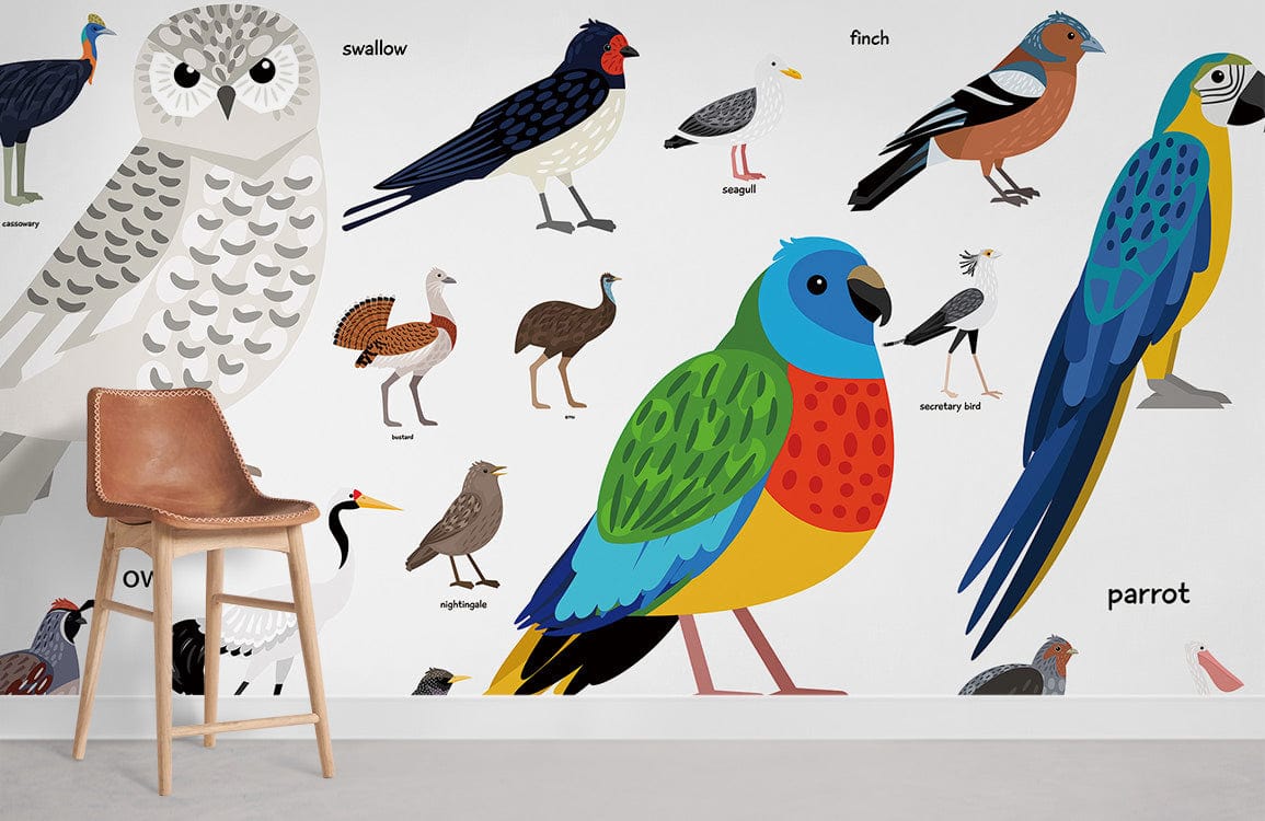 Colourful illustrated bird mural wallpaper in kids' room with leather chair, wooden flooring, and white wall.