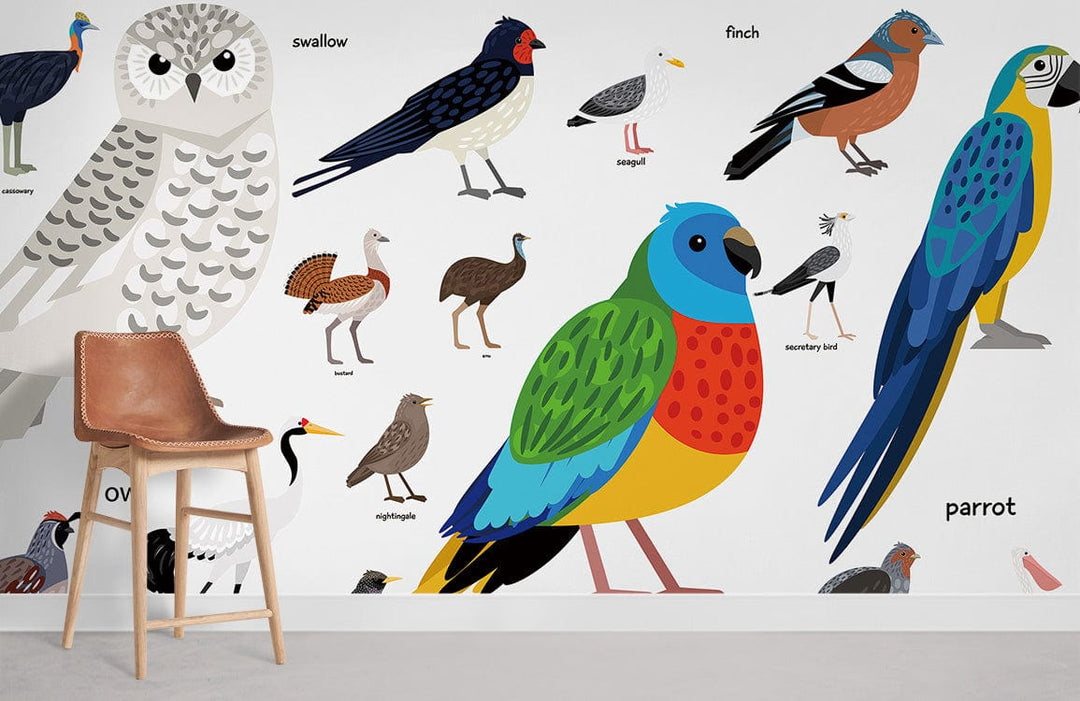 Colourful illustrated bird mural wallpaper in kids' room with leather chair, wooden flooring, and white wall.