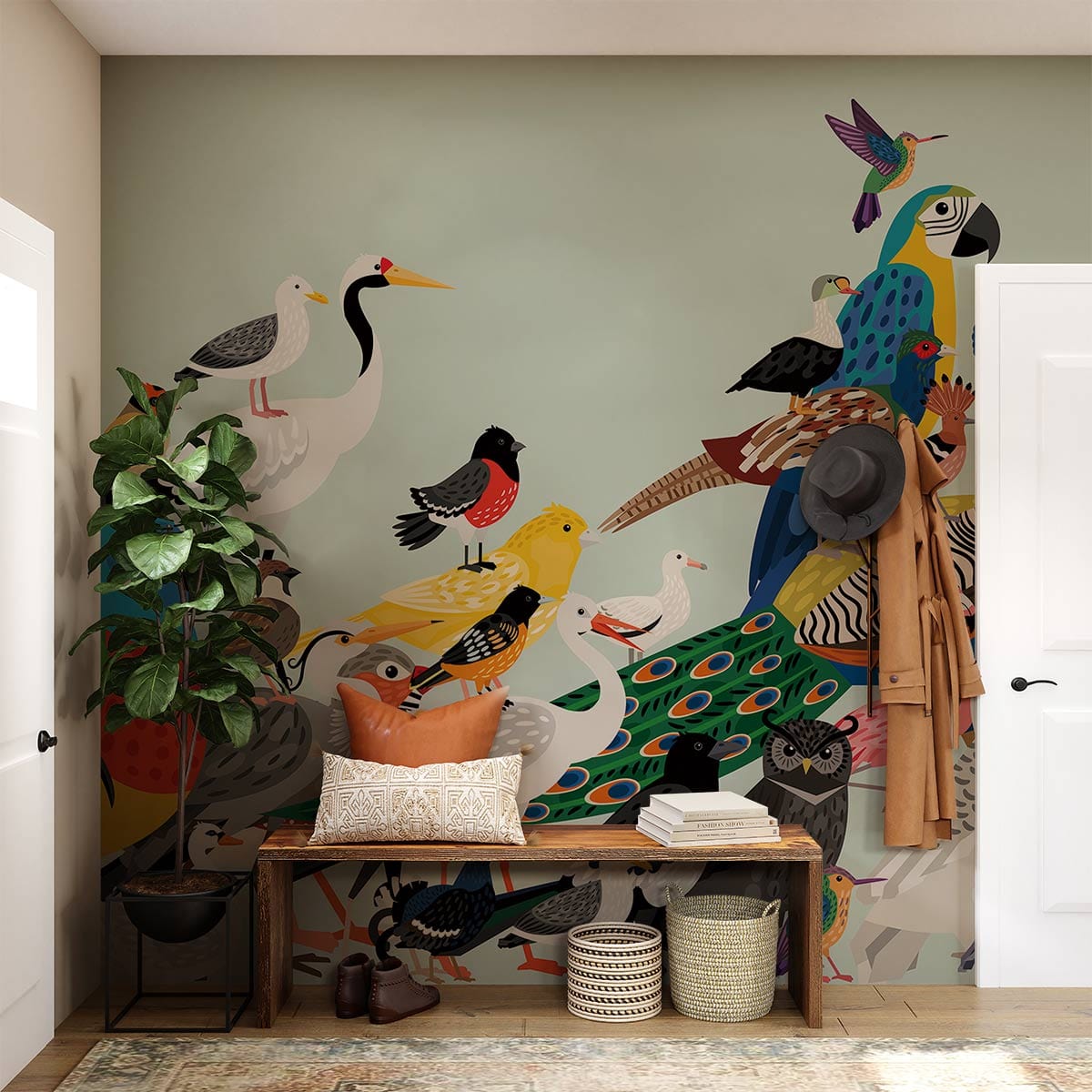 Vibrant tropical birds mural wallpaper in hallway with bench, scattered cushions, and woven baskets.