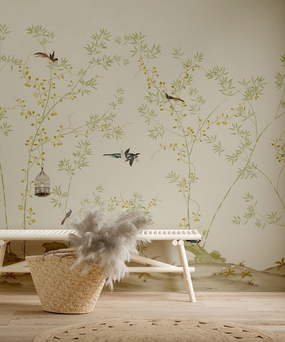 Serene Nature Scene Mural Wallpaper with birds, soft pastel colours, wicker basket, white wooden bench.