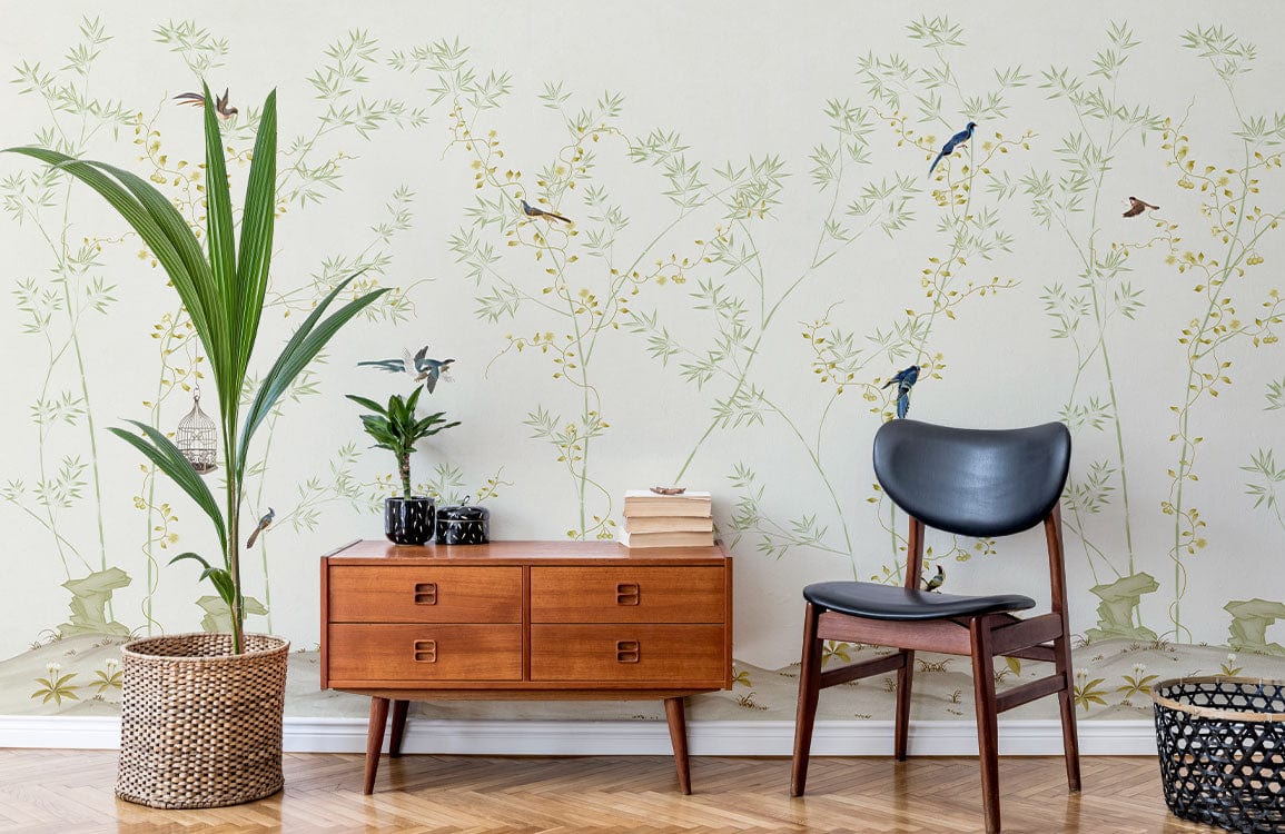 Serene Nature Scene Mural Wallpaper features birds; retro sideboard, modern chair; wooden parquet flooring.