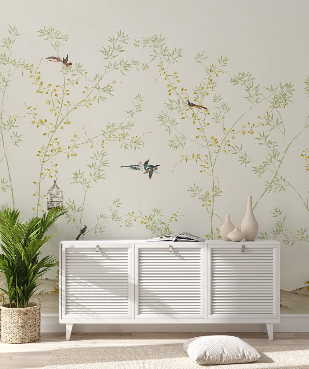 Serene Nature Scene Mural Wallpaper featuring enchanting birds, white cabinet, light wood flooring, minimal decor.