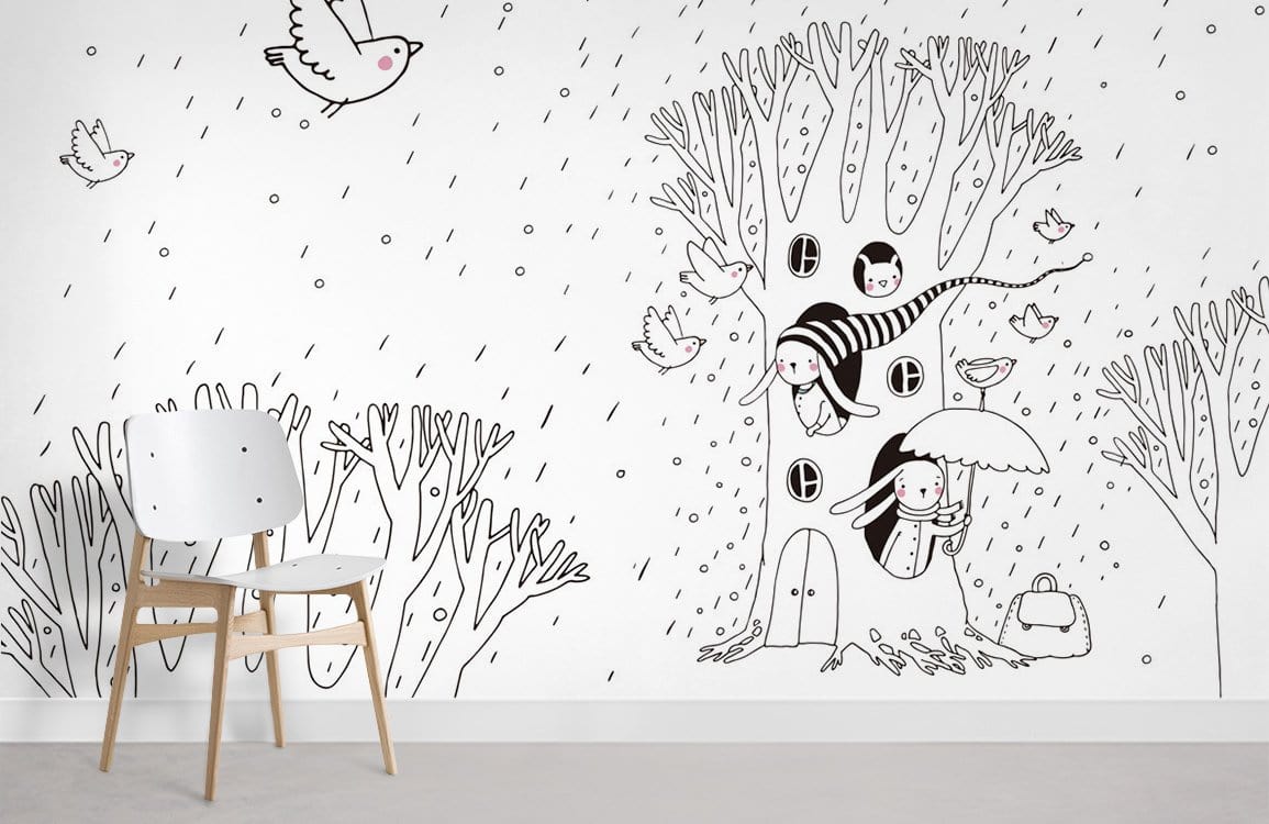 Monochrome whimsical winter forest mural in children's room, featuring birds, white chair, grey flooring.