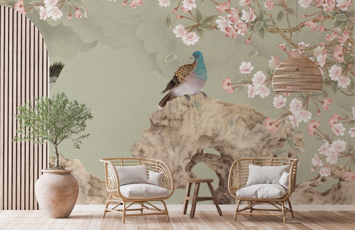 Serene Pastels Nature Mural with Birds; cherry blossoms; wicker chairs; wooden flooring; rattan lamp.