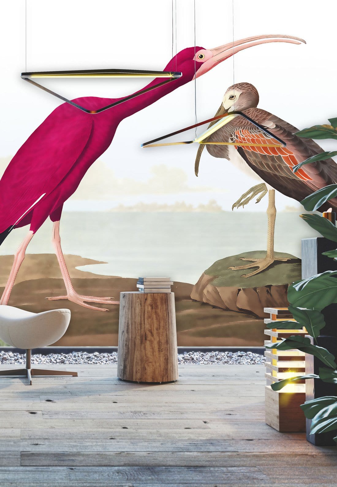 Exquisite vintage bird wallpaper in scarlet tones; modern chair and hardwood flooring in living room.