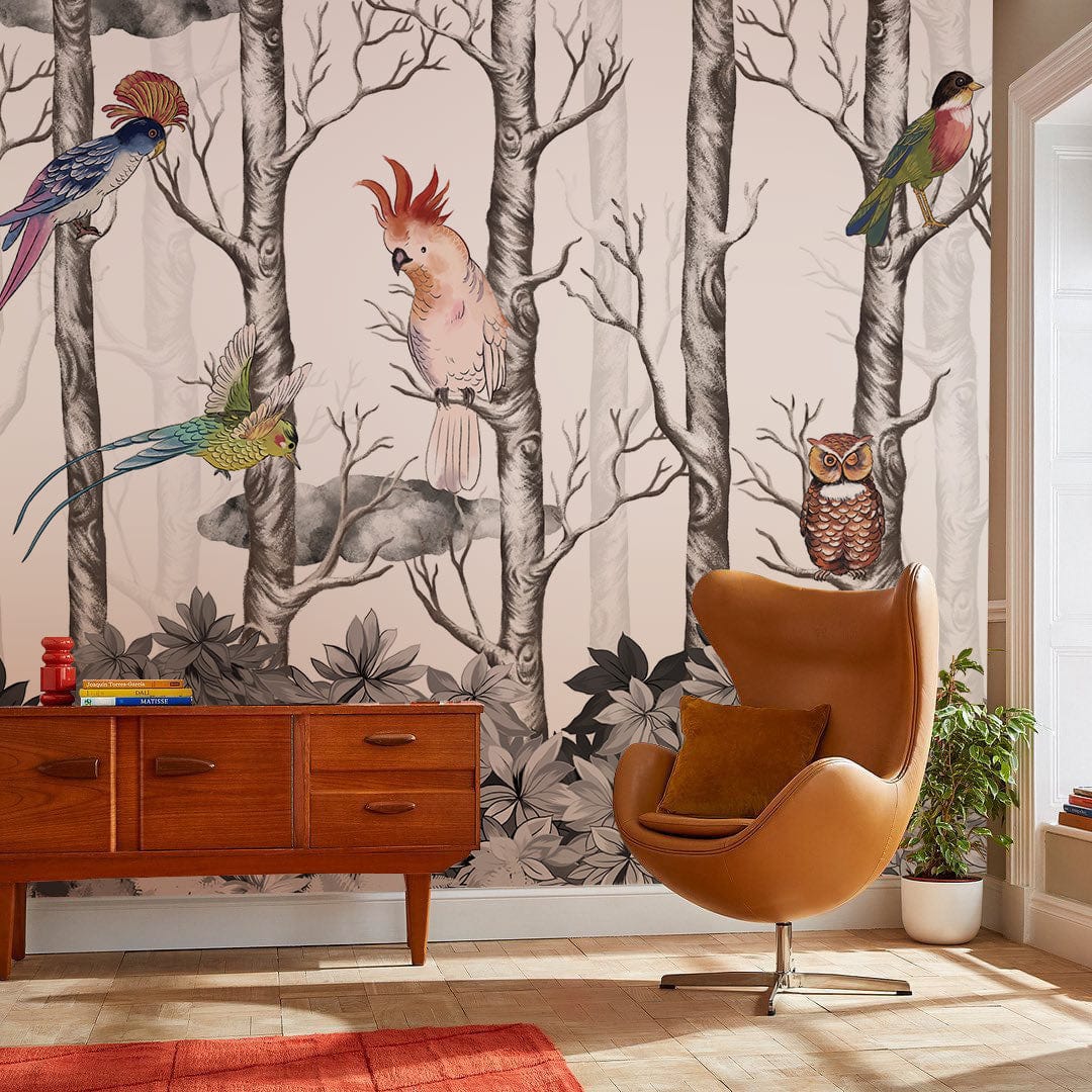 Colourful Bird Woodland Oasis Mural Wallpaper, elegant woodland wallpaper, tan swivel chair, wooden sideboard.