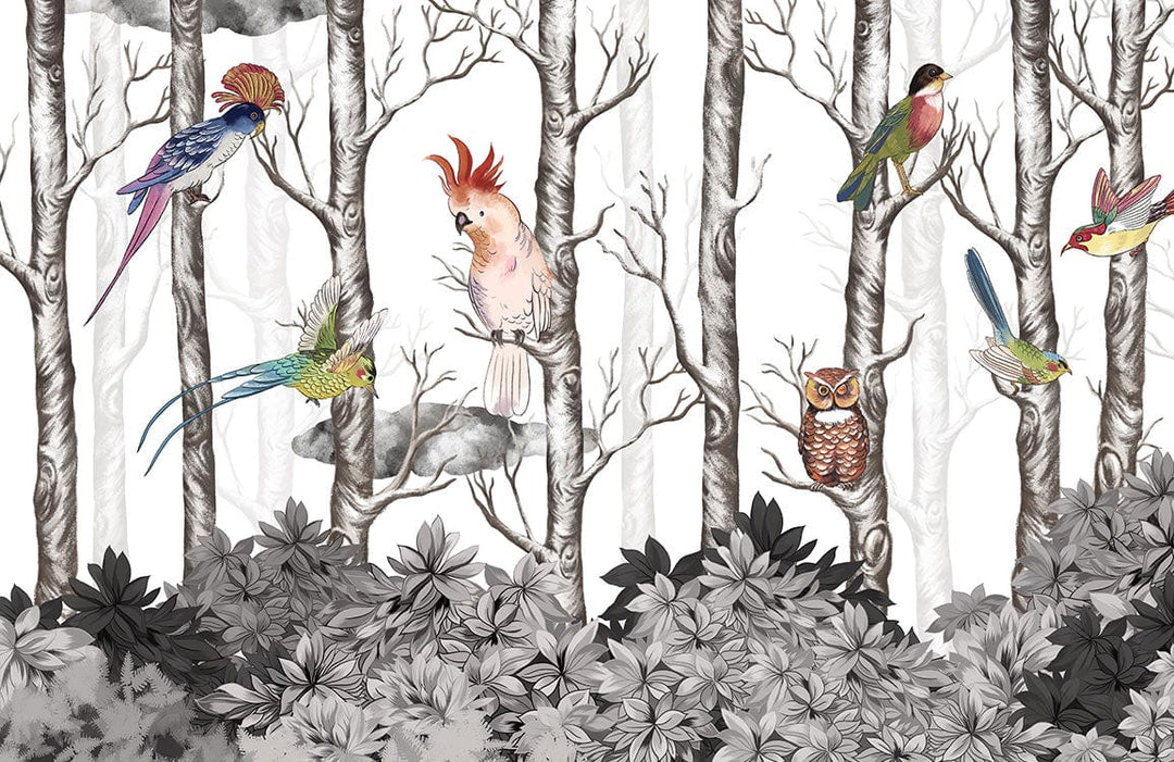 Colourful Bird Woodland Oasis Mural Wallpaper with Elegant Forest Creatures