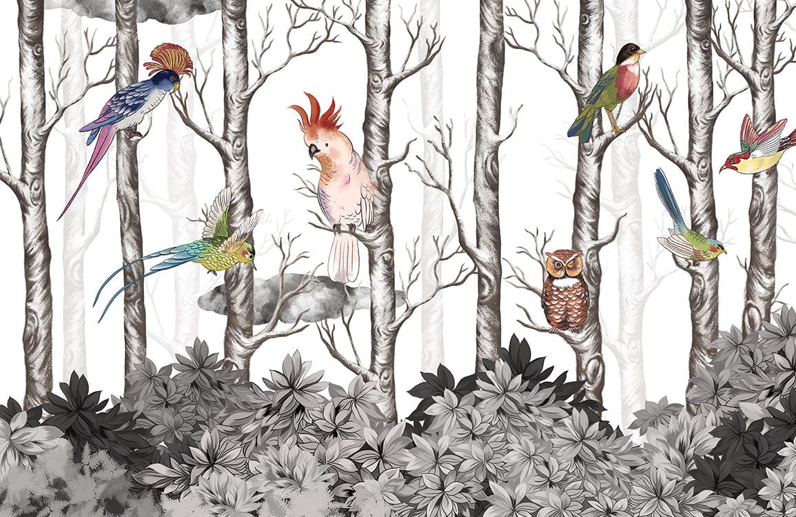 Colourful Bird Woodland Oasis Mural Wallpaper with Elegant Forest Creatures