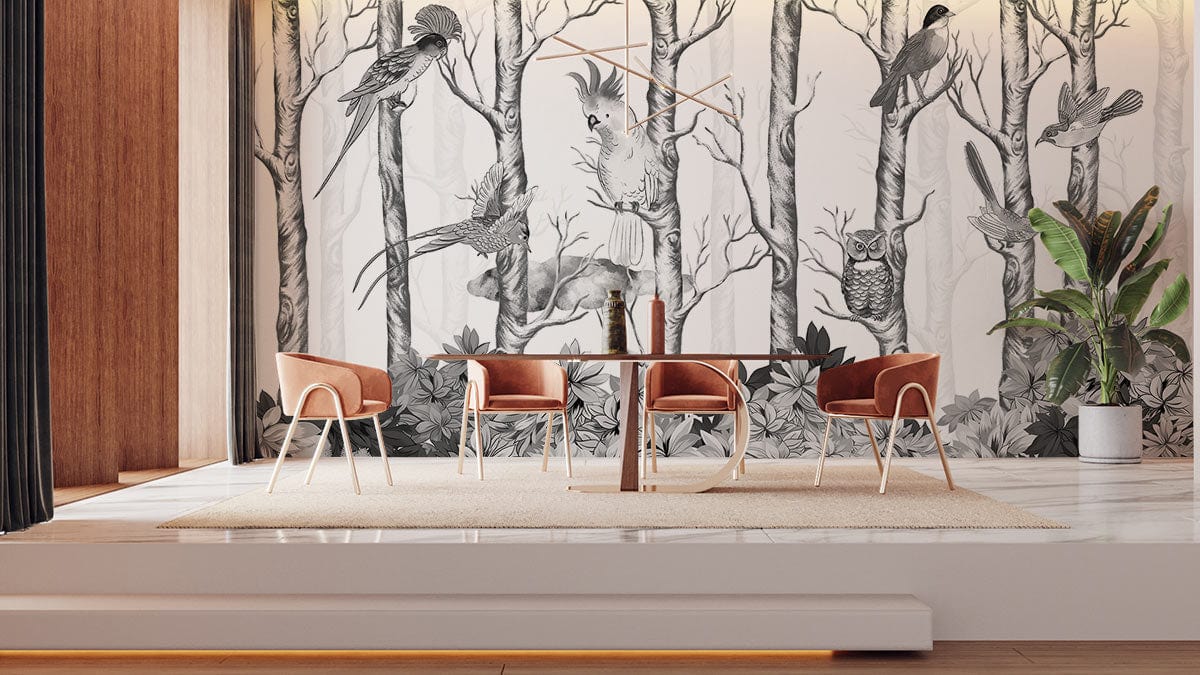 Black and White Woodland Fantasy Birds Mural Wallpaper in stylish dining room with modern chairs and table.