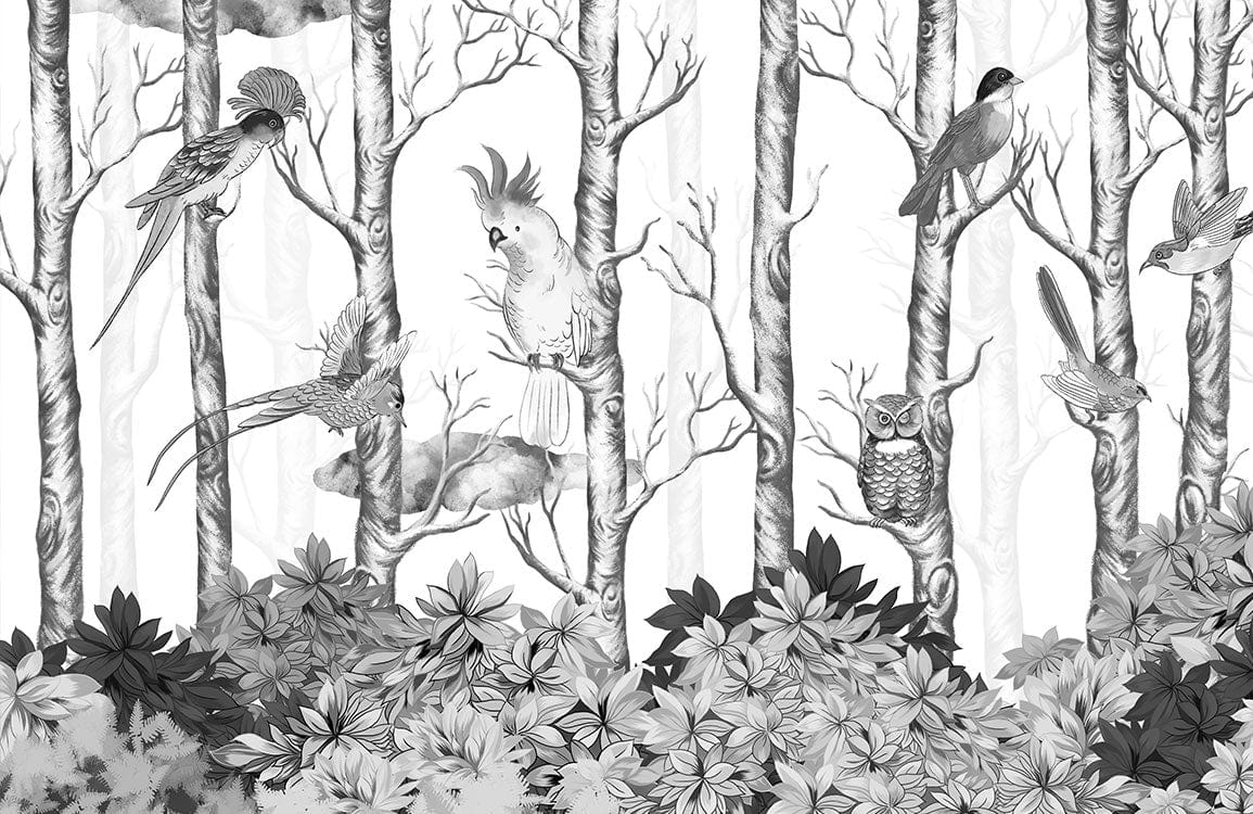 Black and White Woodland Fantasy Birds Mural Wallpaper - Nature Inspired Design
